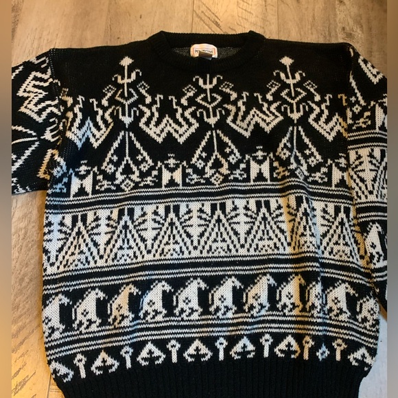 VINTAGE black white grandpa style knit sweater size medium perspective brand - Picture 2 of 9